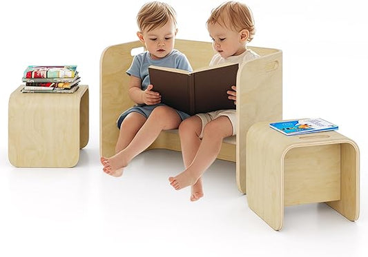 Costzon Kids Table and Chair Set, 4 in 1 Wood Activity Table, Bench, Storage