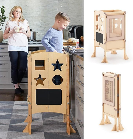 Guidecraft Classic Kitchen Helper® Toddler Tower and 2 Keepers - Natural: Folding Wooden Adjustable Height Platform, Kitchen Montessori Learning Step Stool, Chalkboard, Supports Up to 125lbs